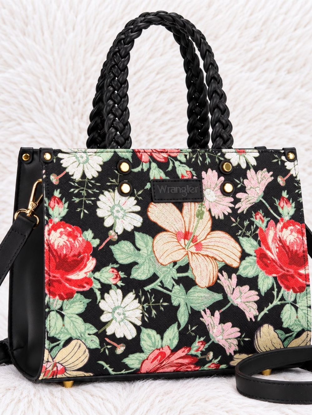 NWT Wrangler Floral Braided Handle Tote Bag – Black